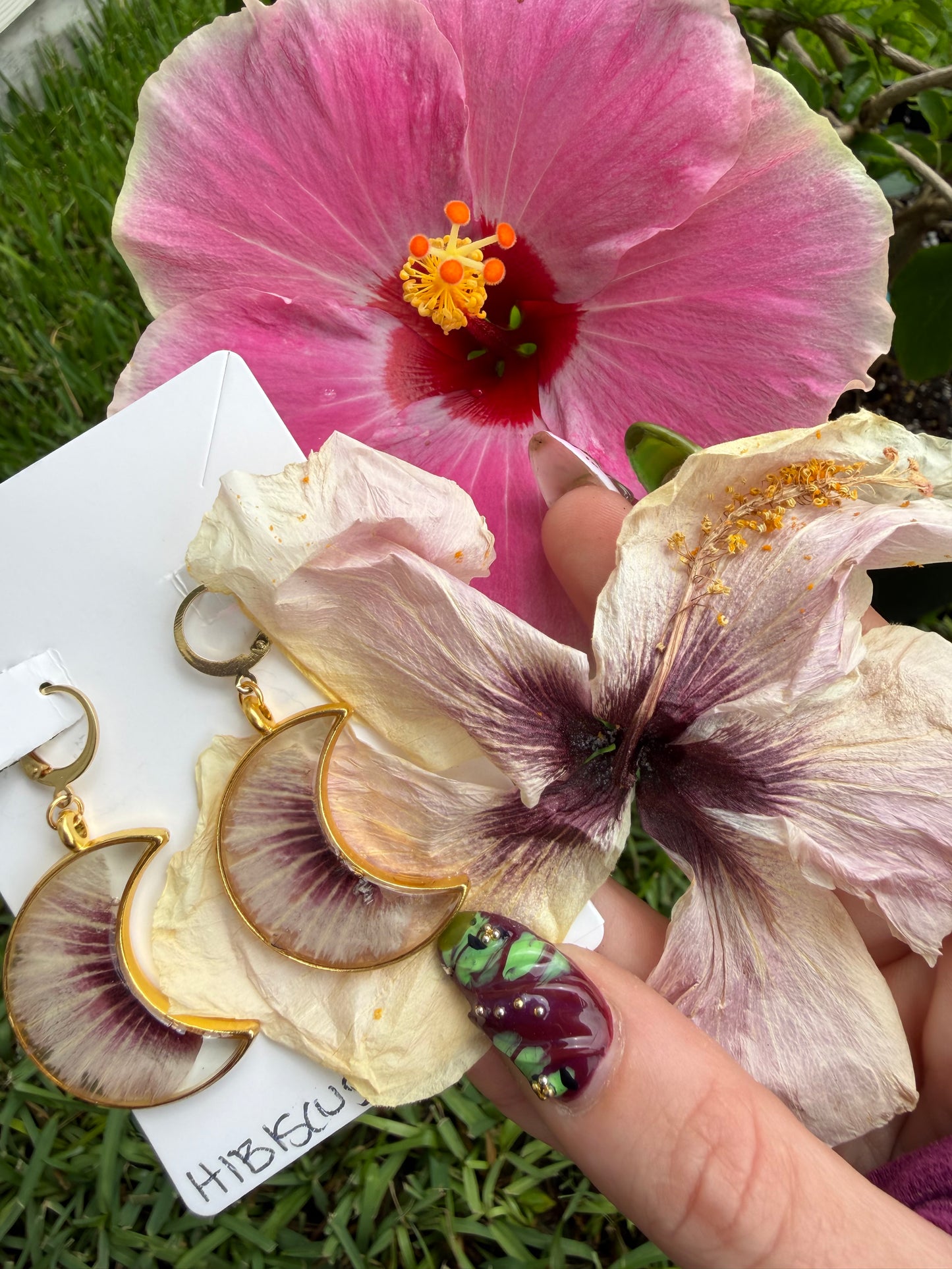 Hibiscus Crescent Moon Earrings in Gold