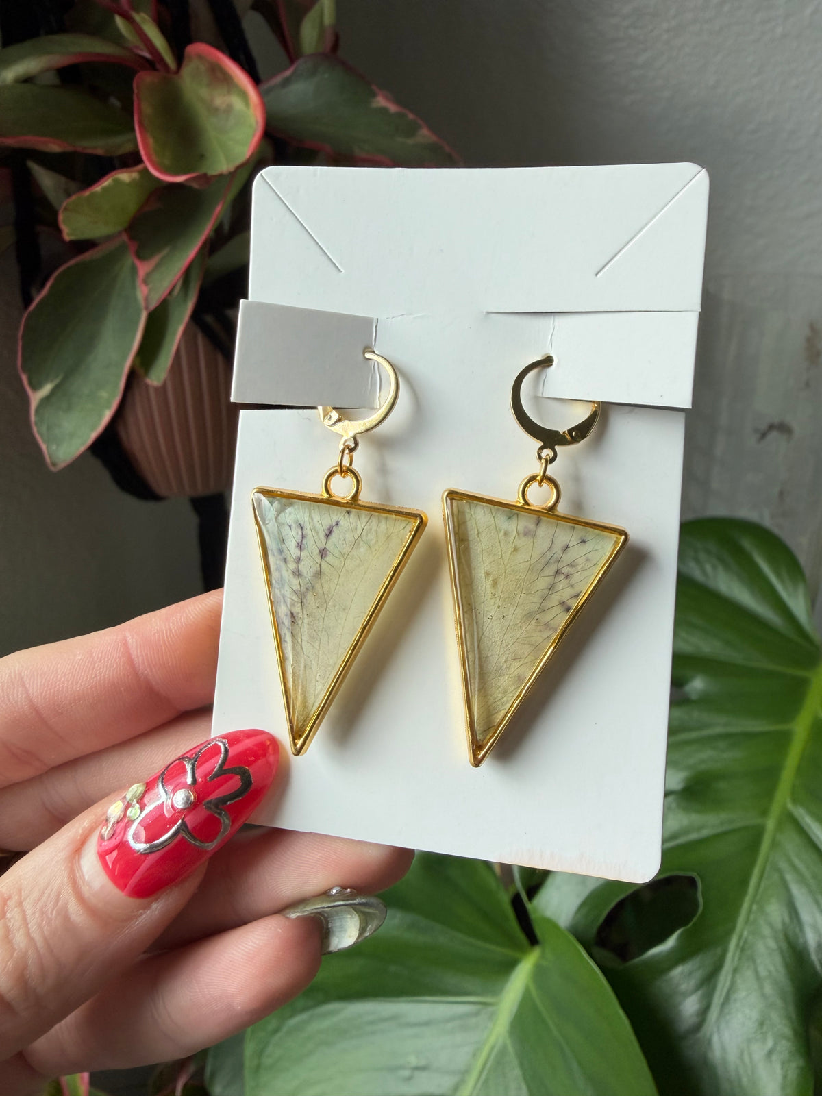 Lime Speckle Orchid Triangle Earrings in Gold