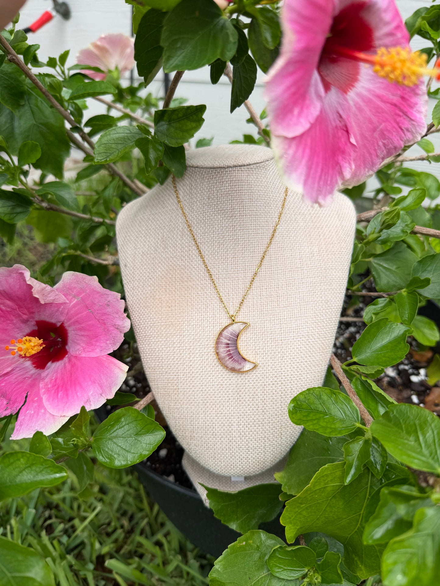 Hibiscus Crescent Moon Necklace in Gold
