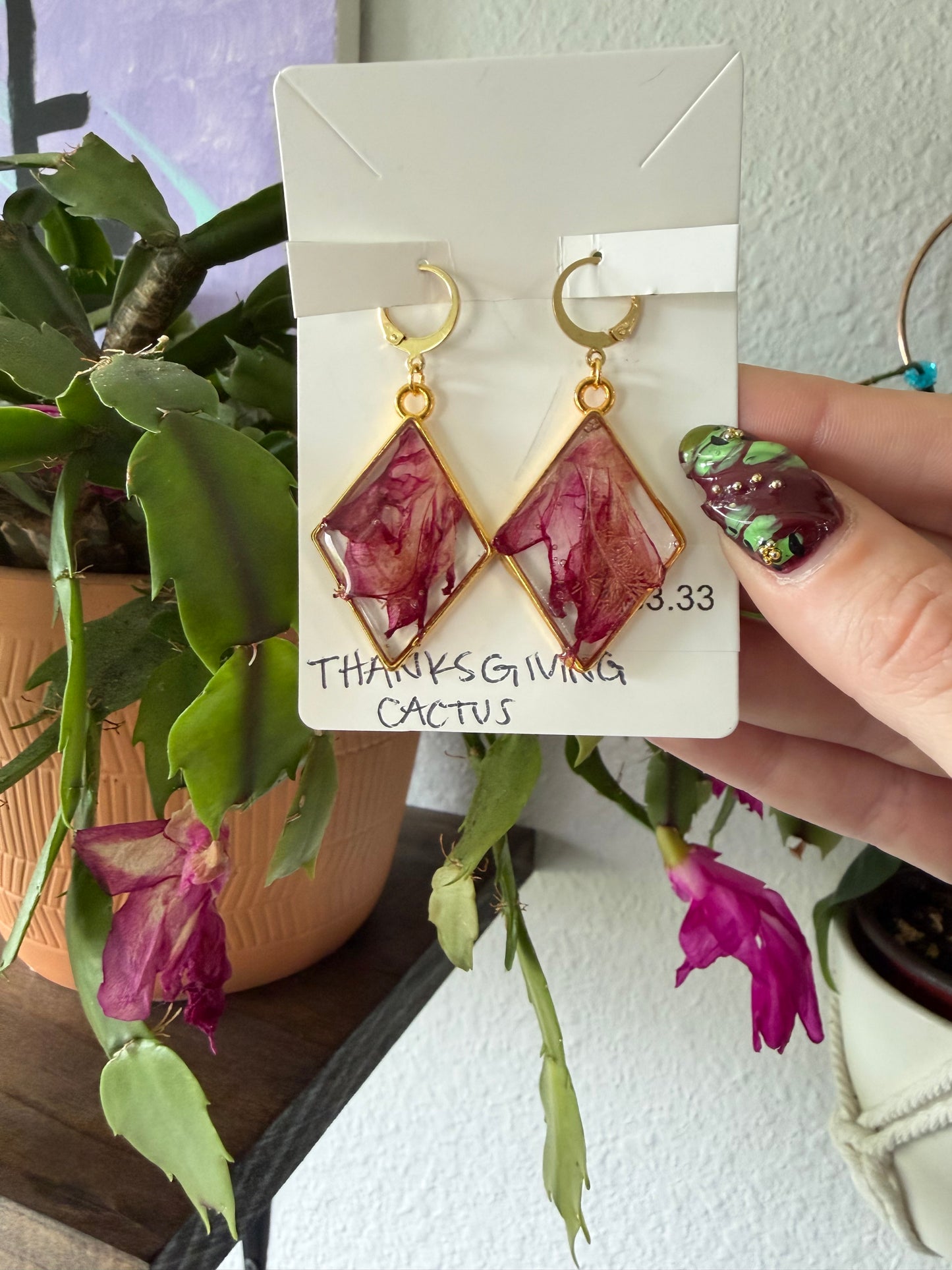 Thanksgiving Cactus Diamond Earrings in Gold