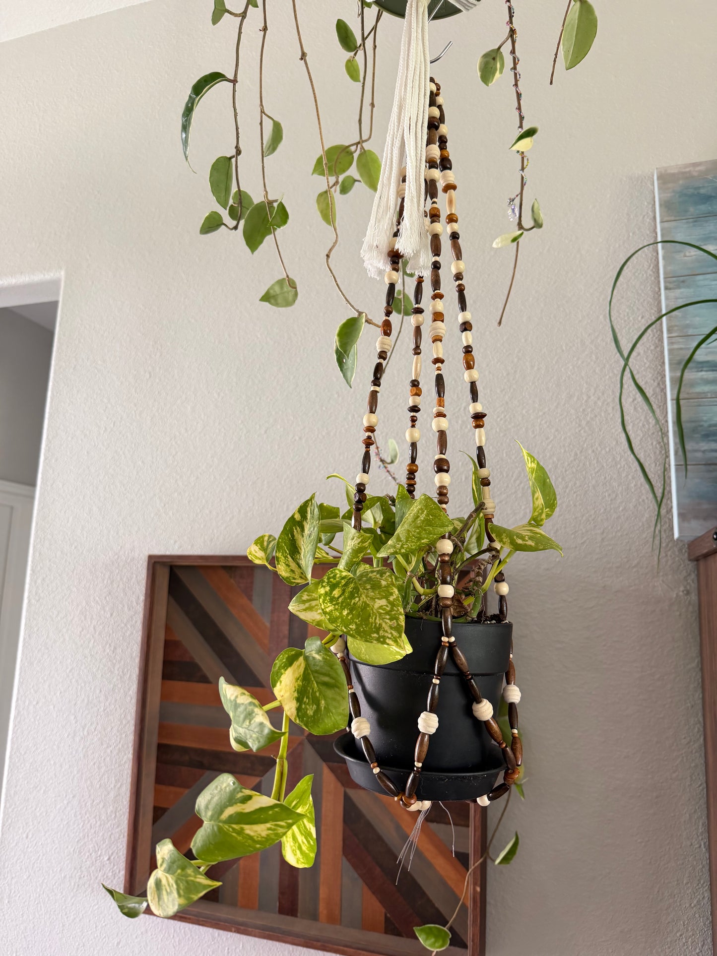 Earthy Wood Beaded Plant Hanger