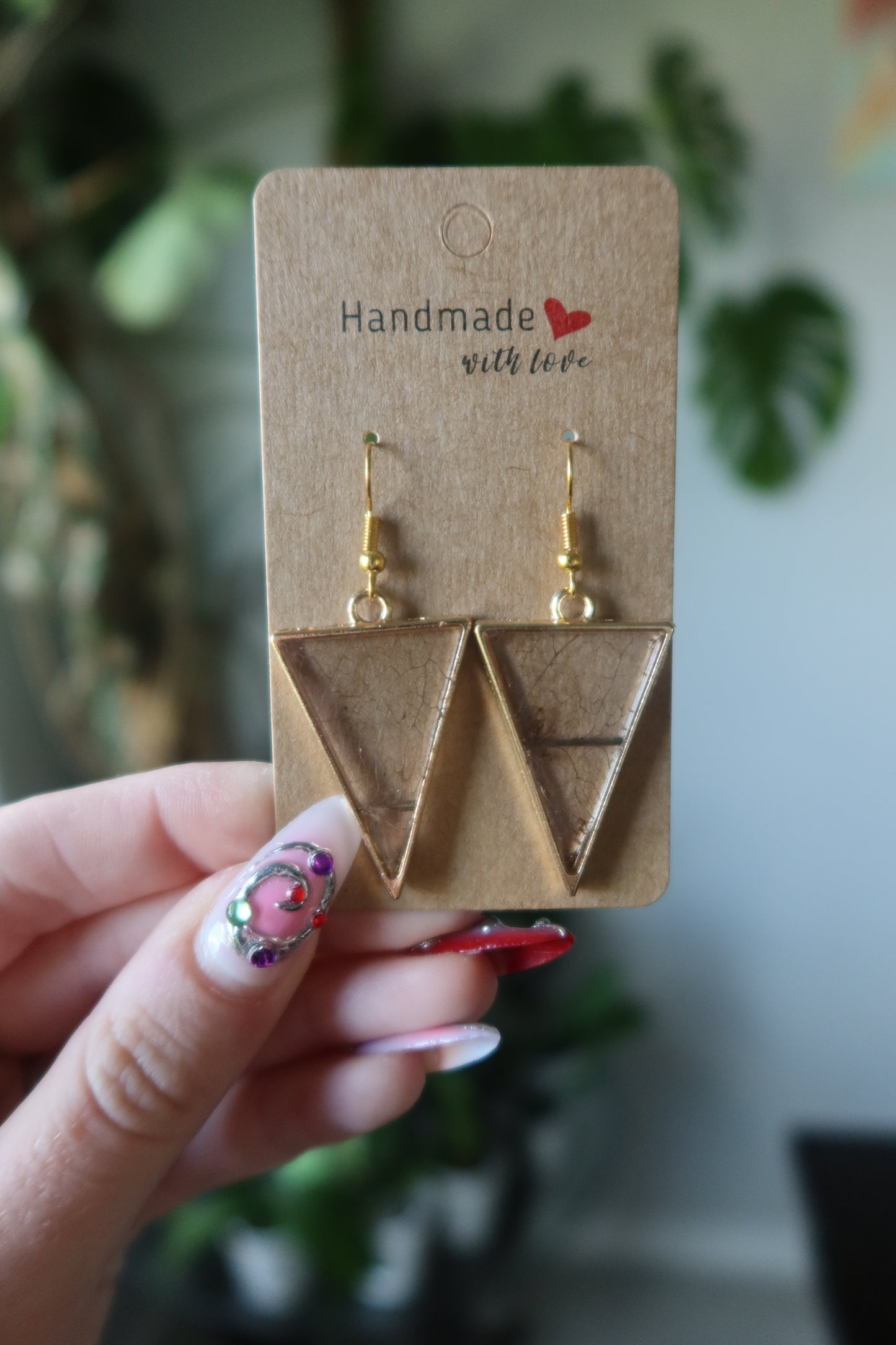 Skeleton Leaf Resin Earrings Gold Triangle