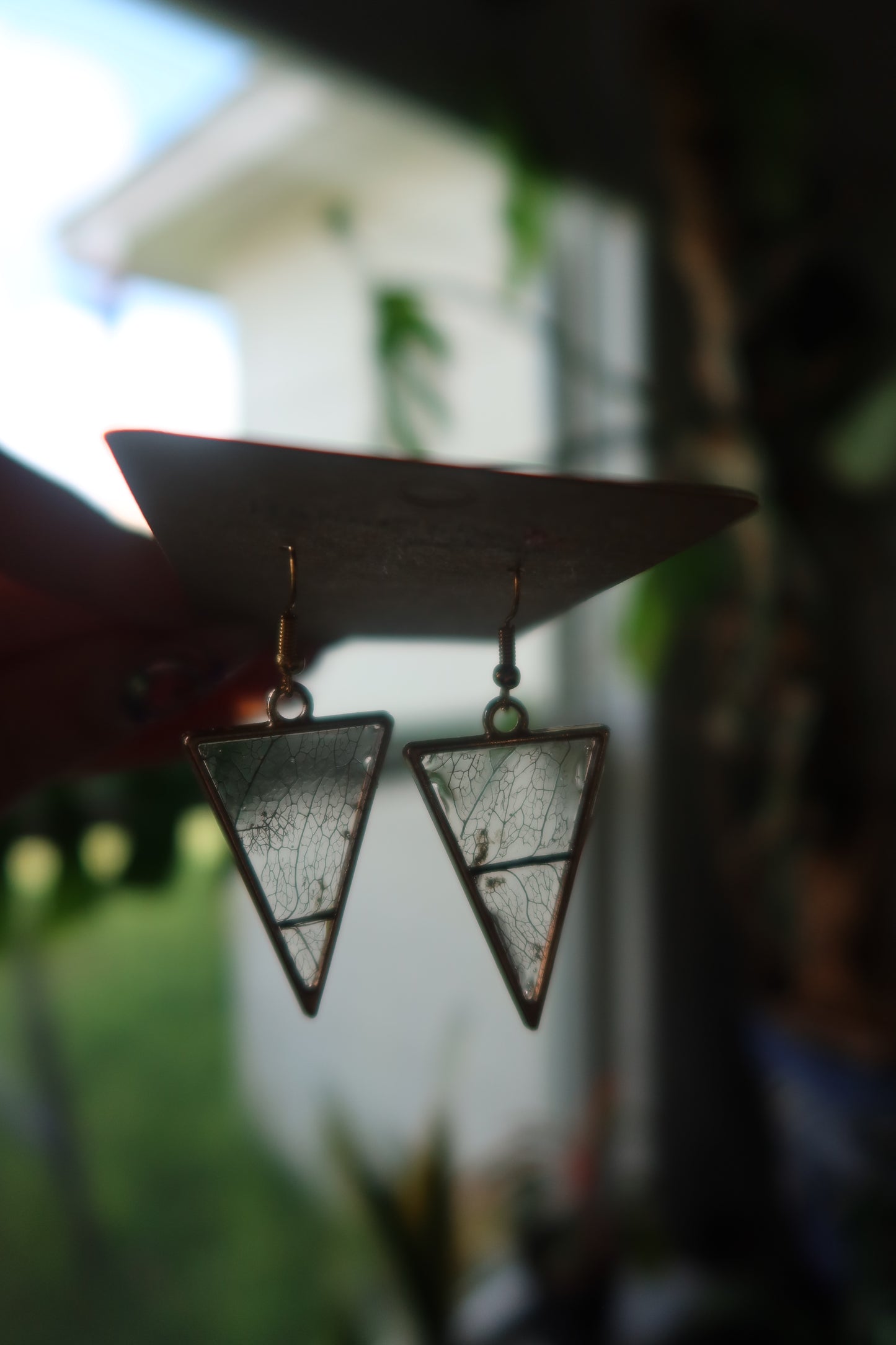 Skeleton Leaf Resin Earrings Gold Triangle