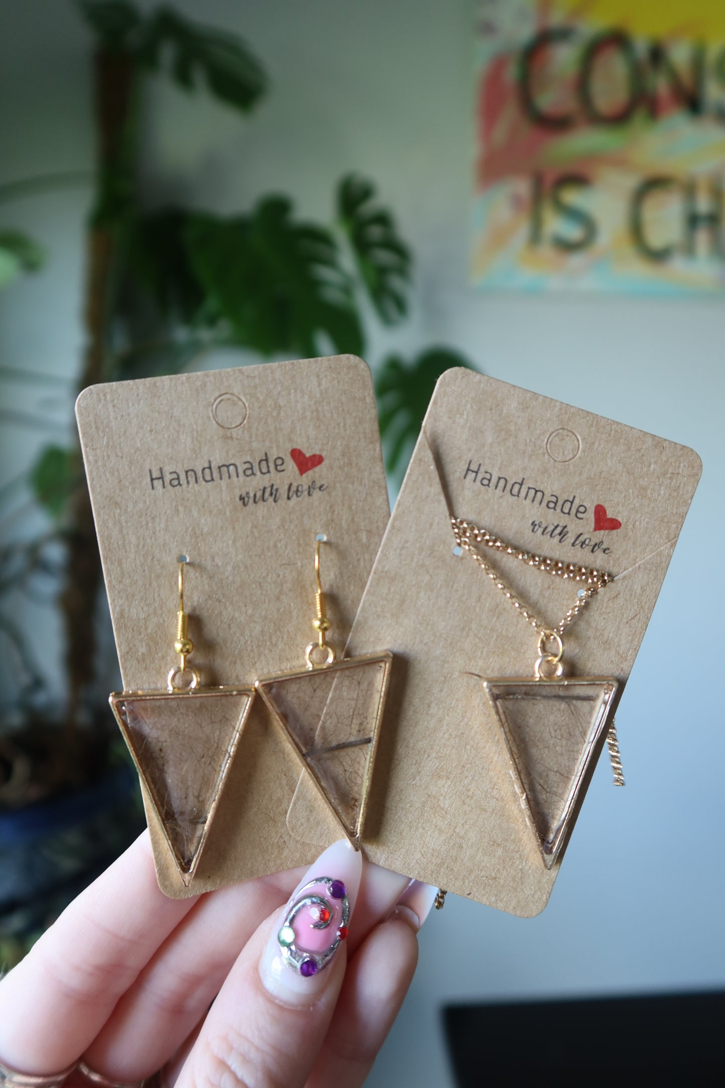 Skeleton Leaf Resin Necklace Gold Triangle