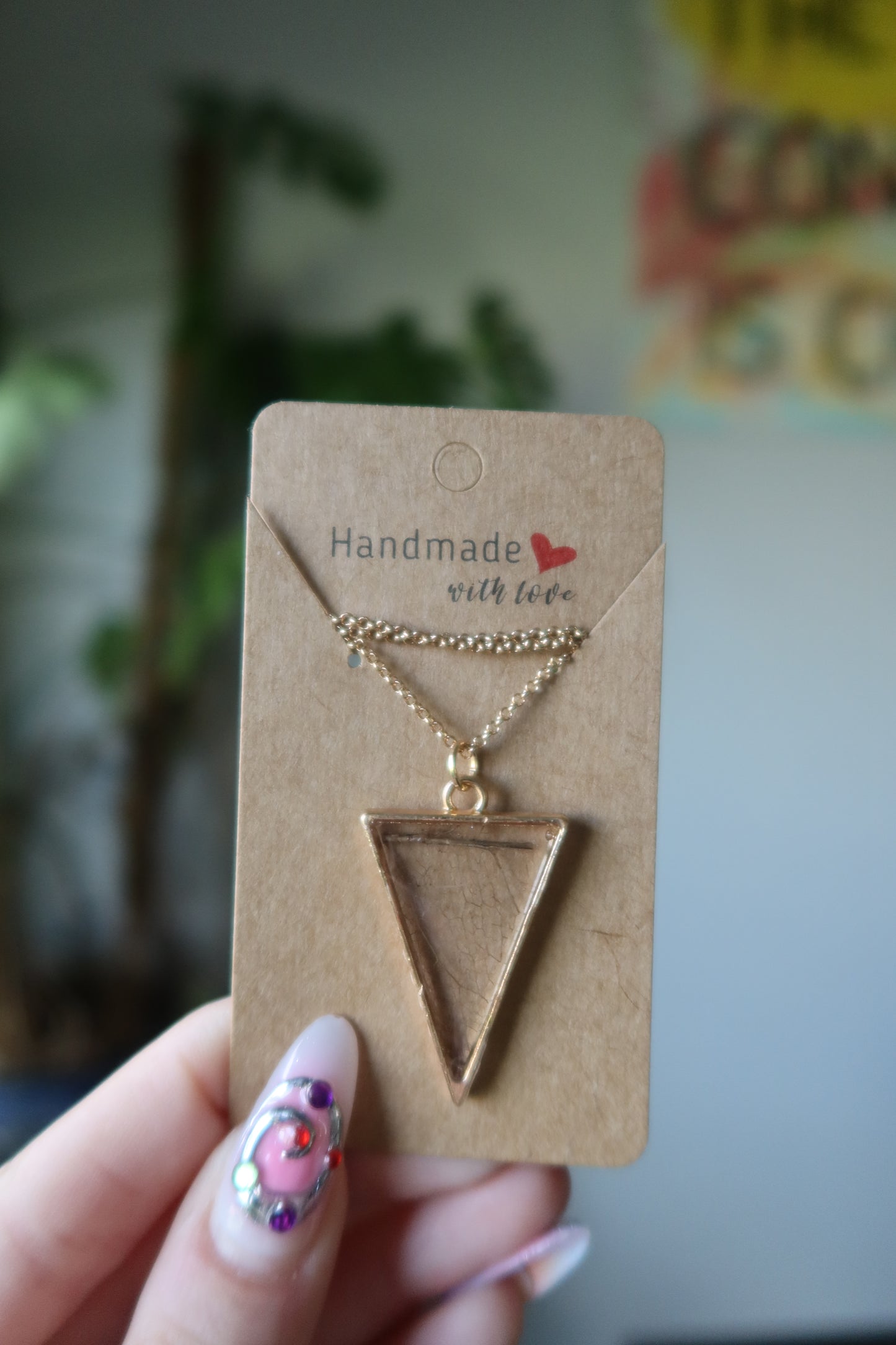 Skeleton Leaf Resin Necklace Gold Triangle