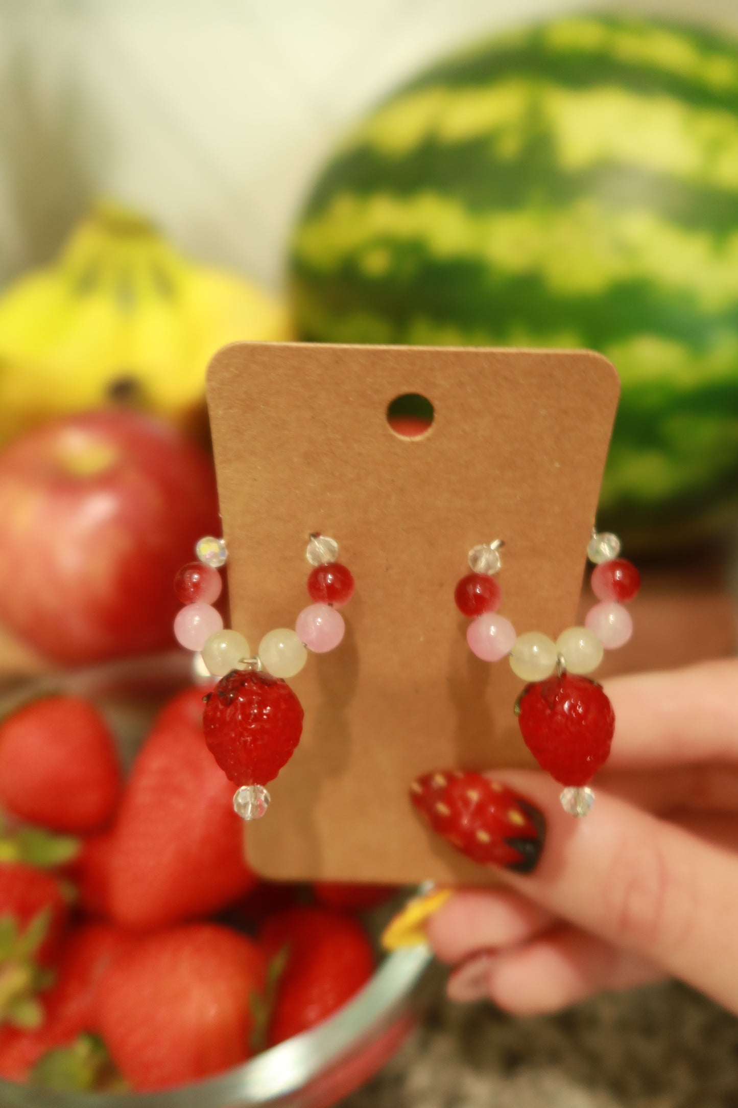 Strawberry Glass Charm Hoop Earrings – Snack Attack Collection
