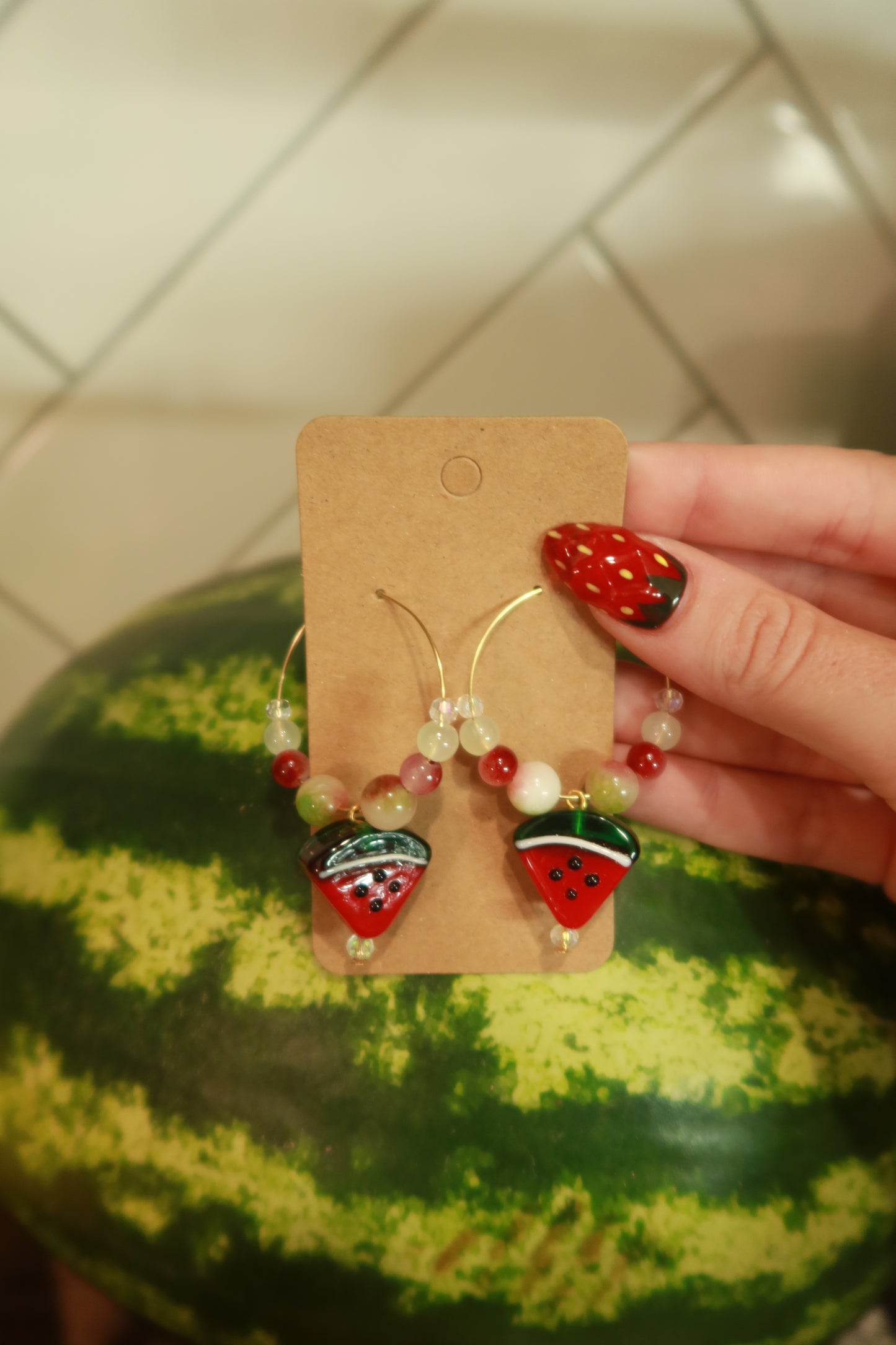 Watermelon Glass Charm Hoop Earrings – Snack Attack Collection