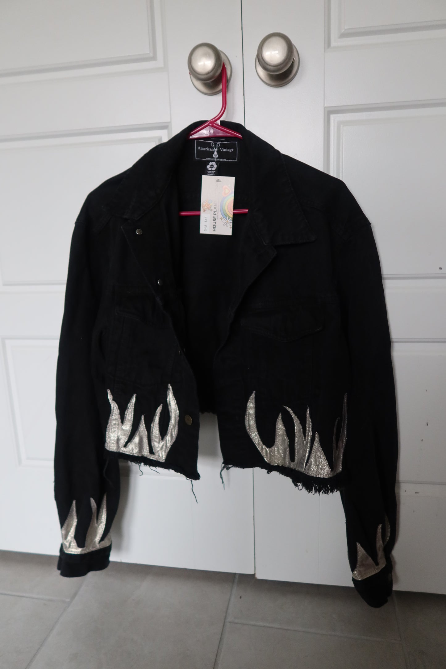 Black Denim Jacket with Silver Flame Embroidery – Size S/M by American Vintage