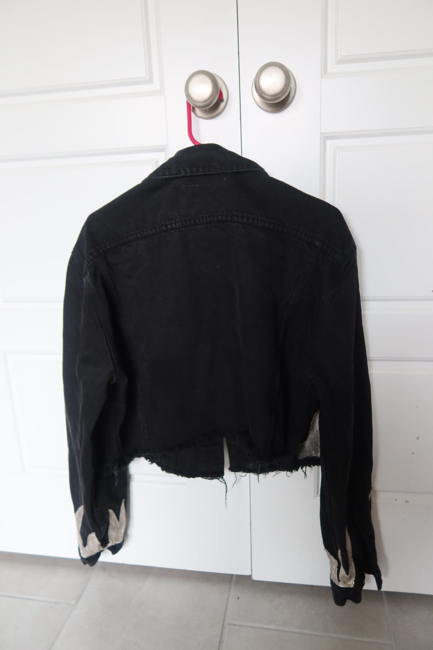 Black Denim Jacket with Silver Flame Embroidery – Size S/M by American Vintage