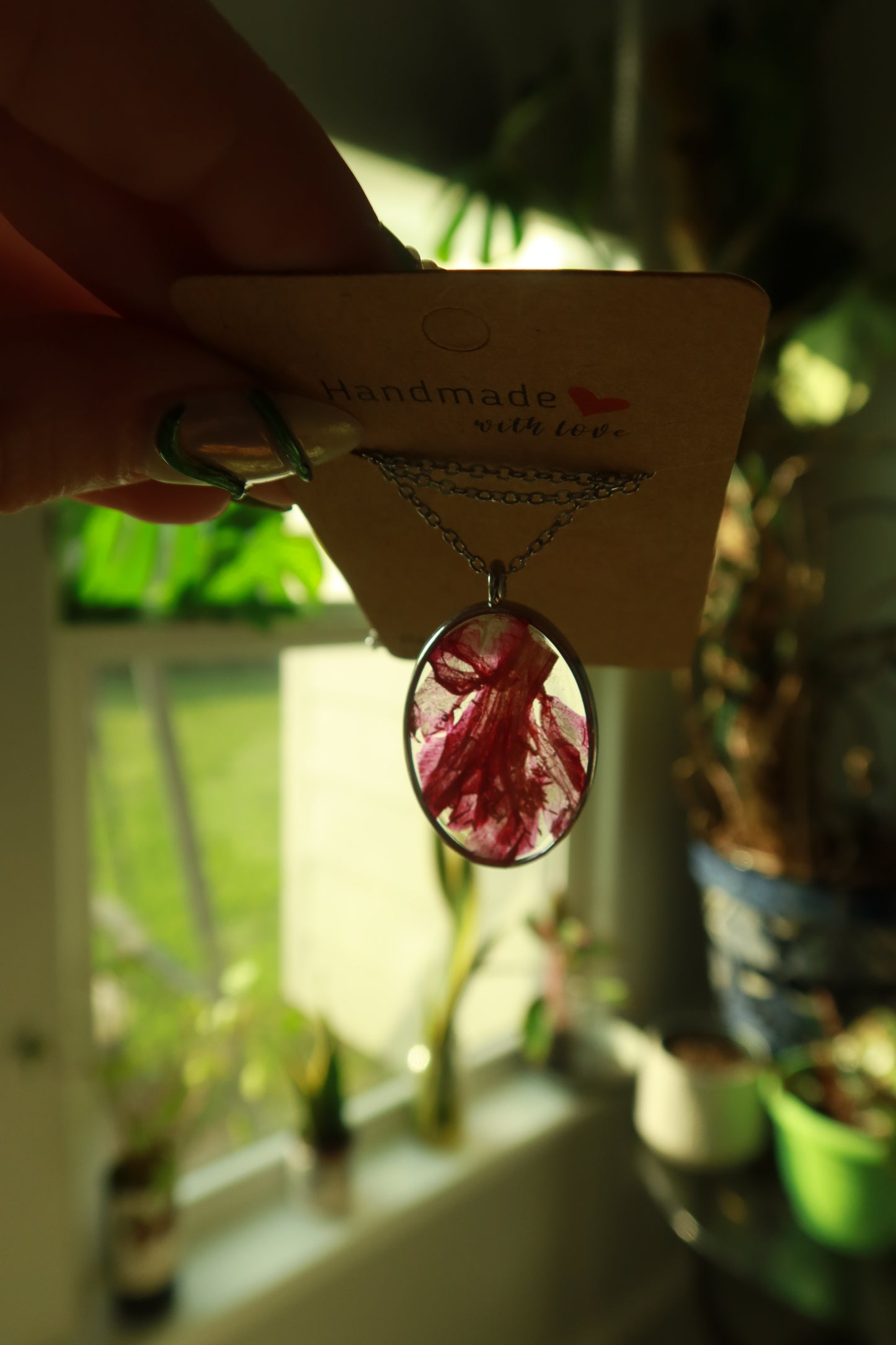 Silver Oval Thanksgiving Cactus Bloom Necklace 16in
