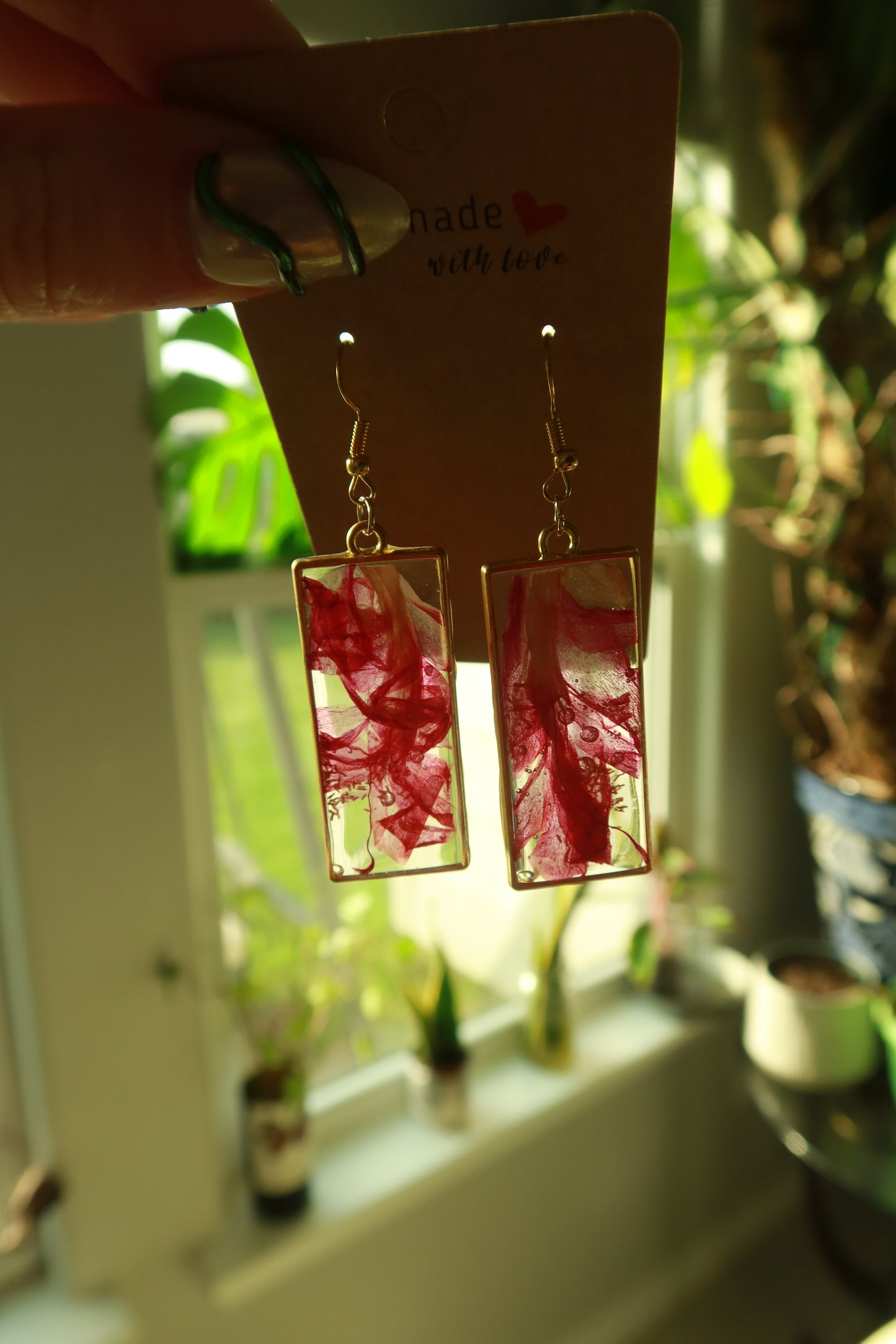 Gold Rectangle Thanksgiving Cactus Bloom Earrings