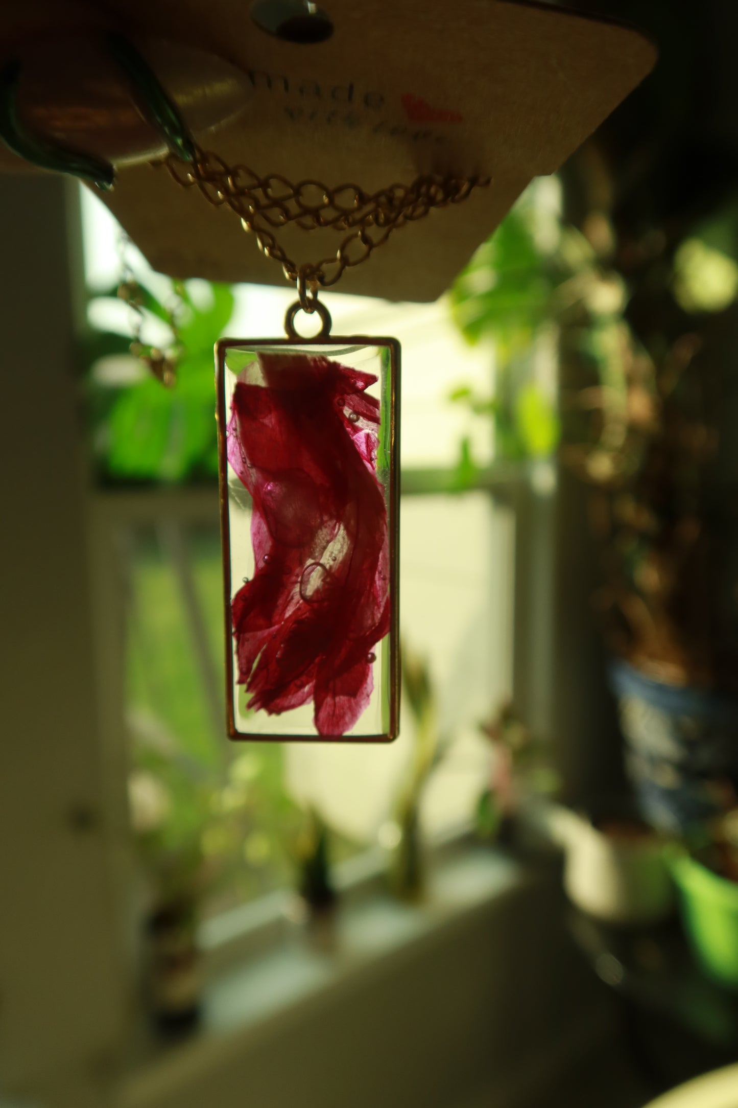 Gold Rectangle Thanksgiving Cactus Bloom Necklace 16in