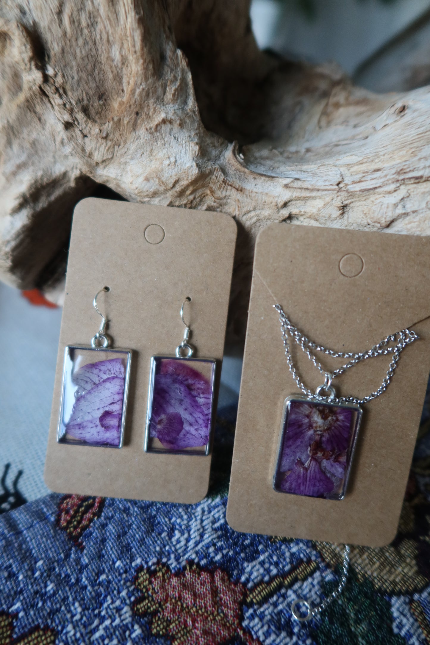 Silver Rectangle Purple Orchid Necklace