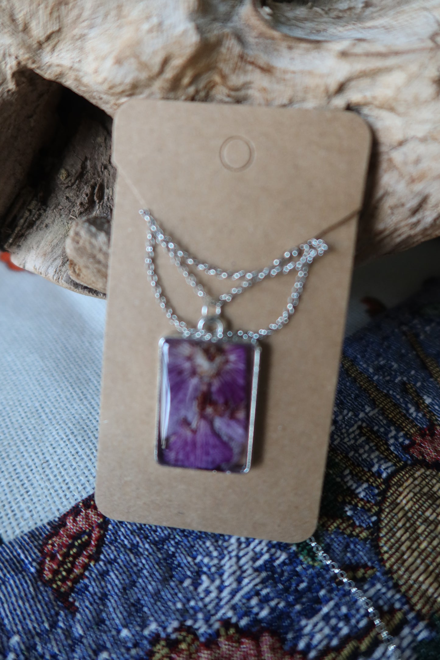 Silver Rectangle Purple Orchid Necklace