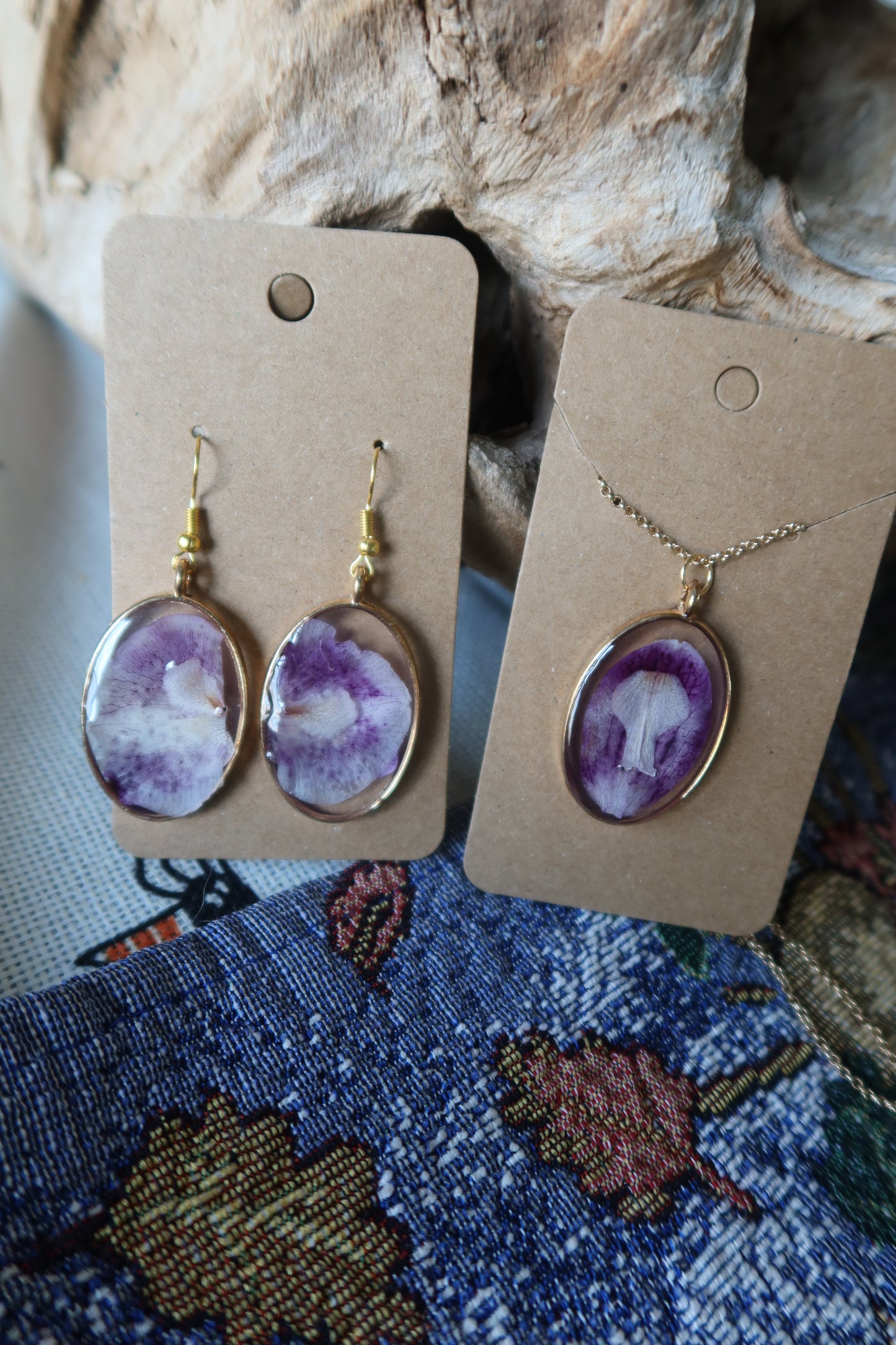 Gold Oval Purple Orchid Earrings