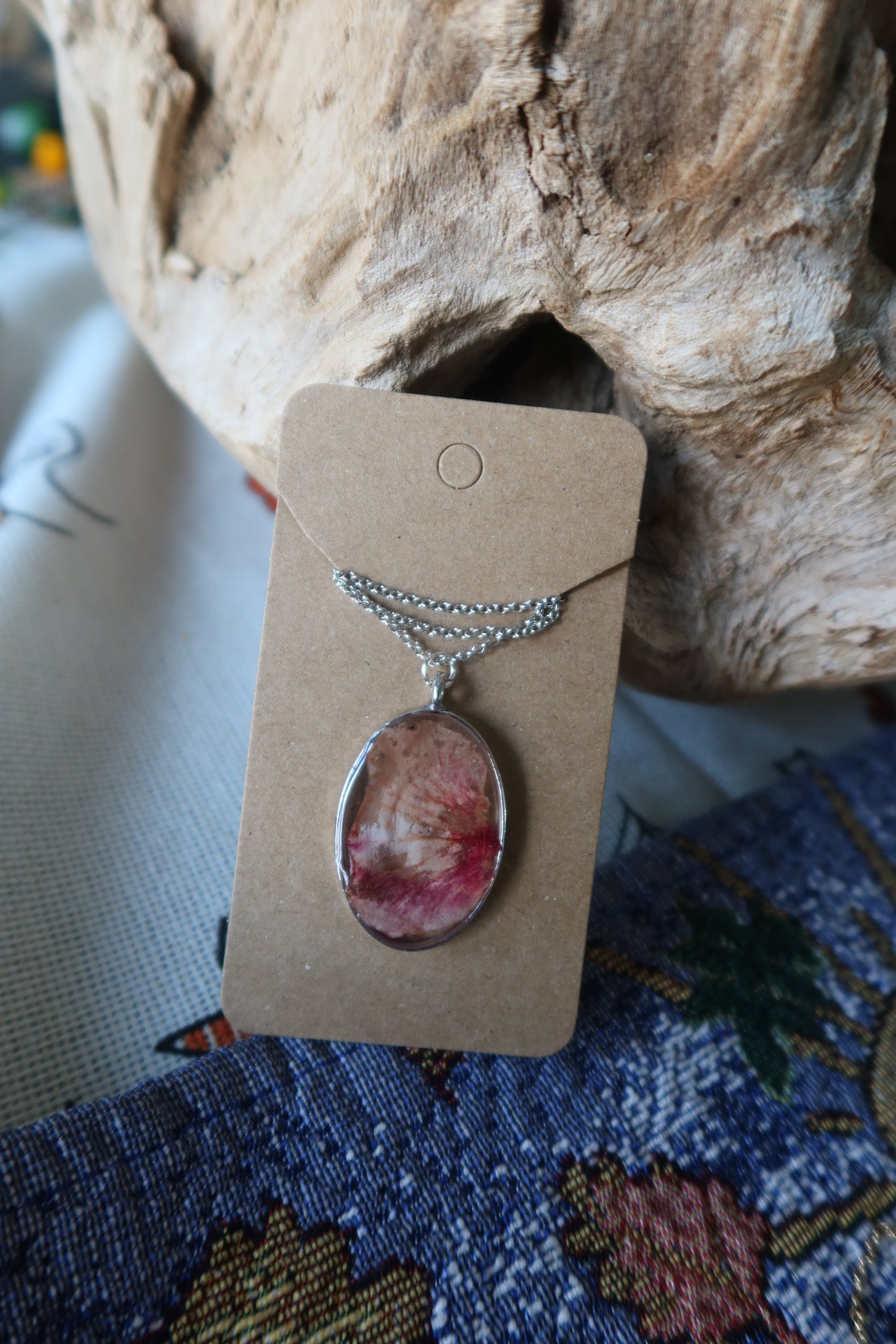 Silver Oval Pink Hibiscus Necklace