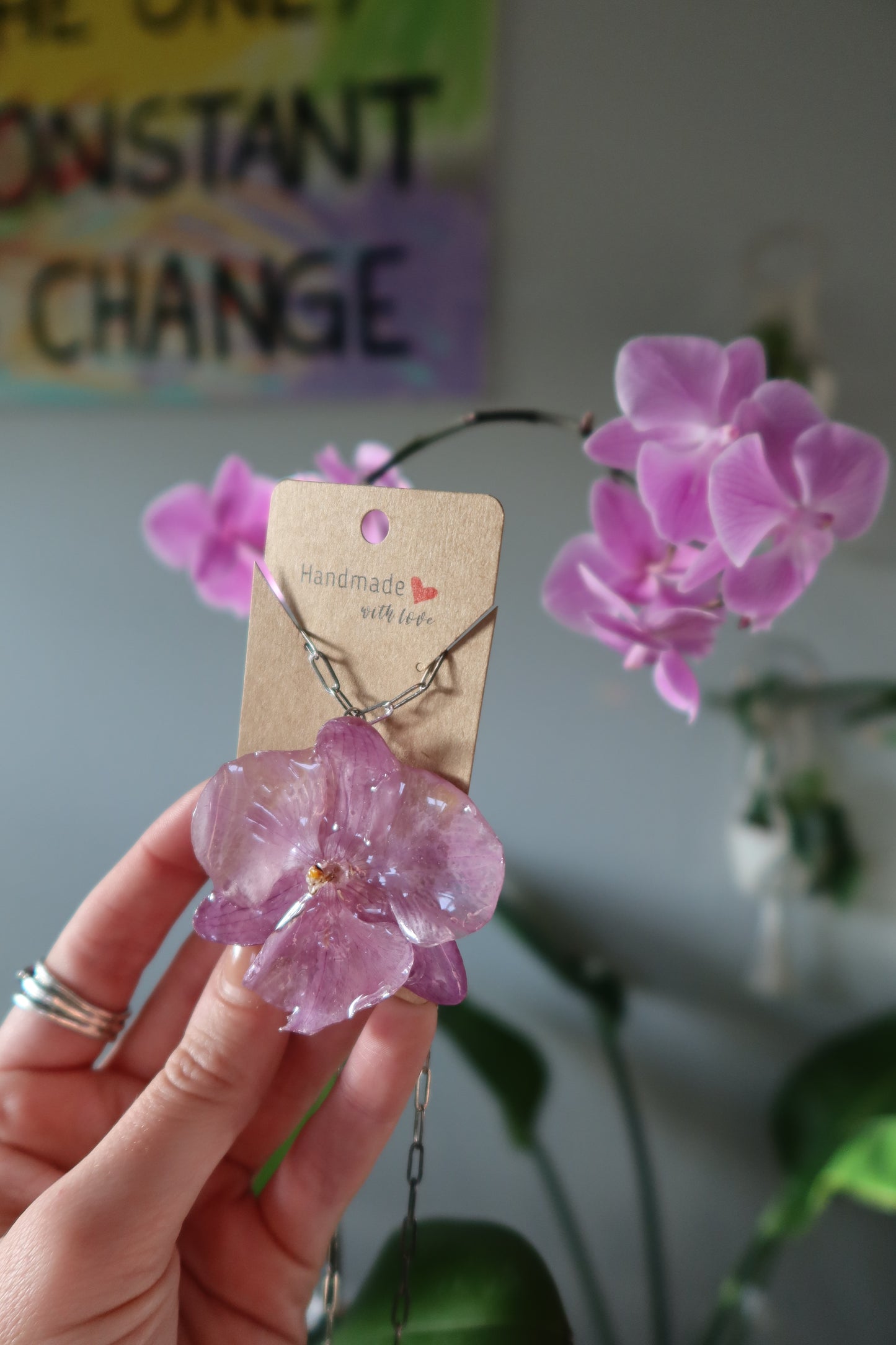 Purple Orchid Bloom Necklace Silver chain