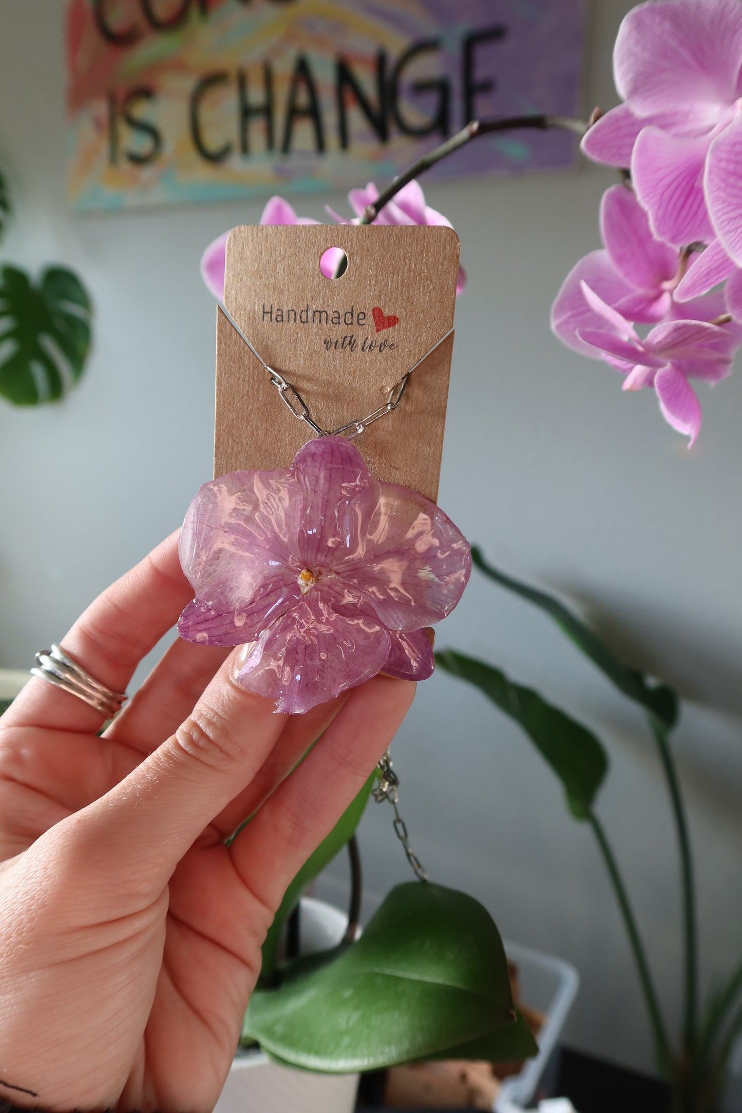 Purple Orchid Bloom Necklace Silver chain