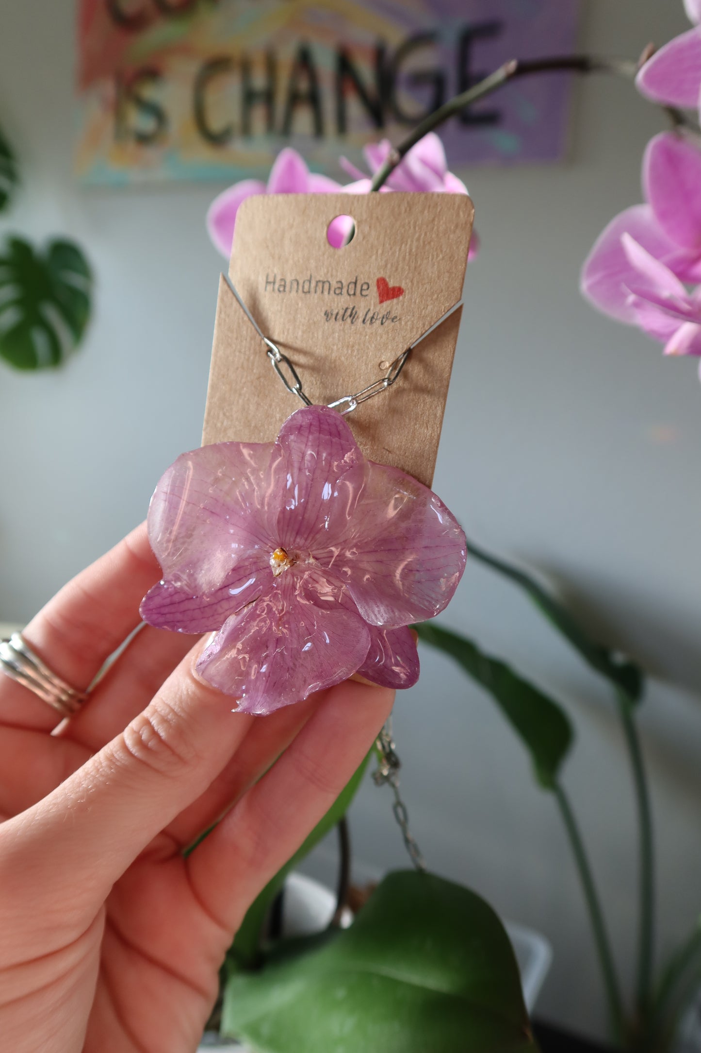 Purple Orchid Bloom Necklace Silver chain