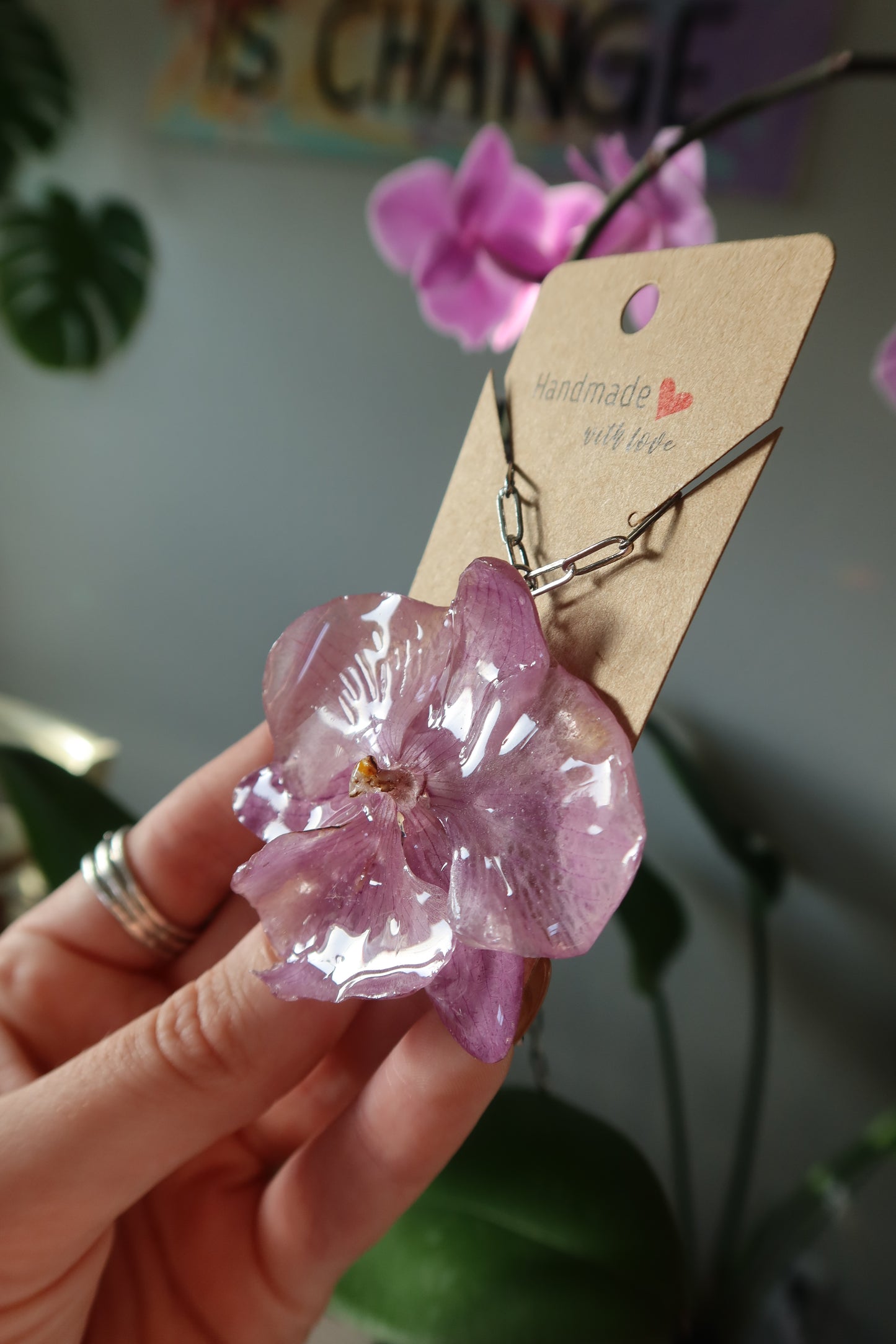 Purple Orchid Bloom Necklace Silver chain