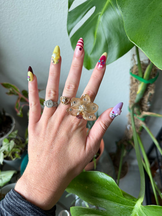Champagne Orchid Bling Ring - Adjustable Stainless Steel in Silver