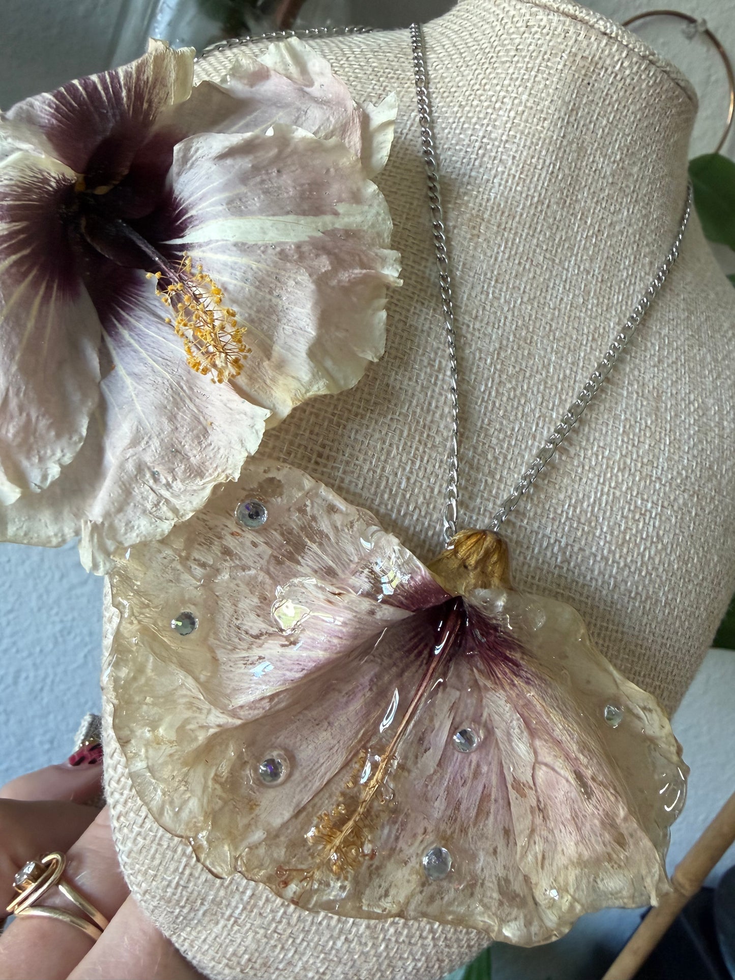 Real Hibiscus Bloom Statement Necklace with Crystal Bling