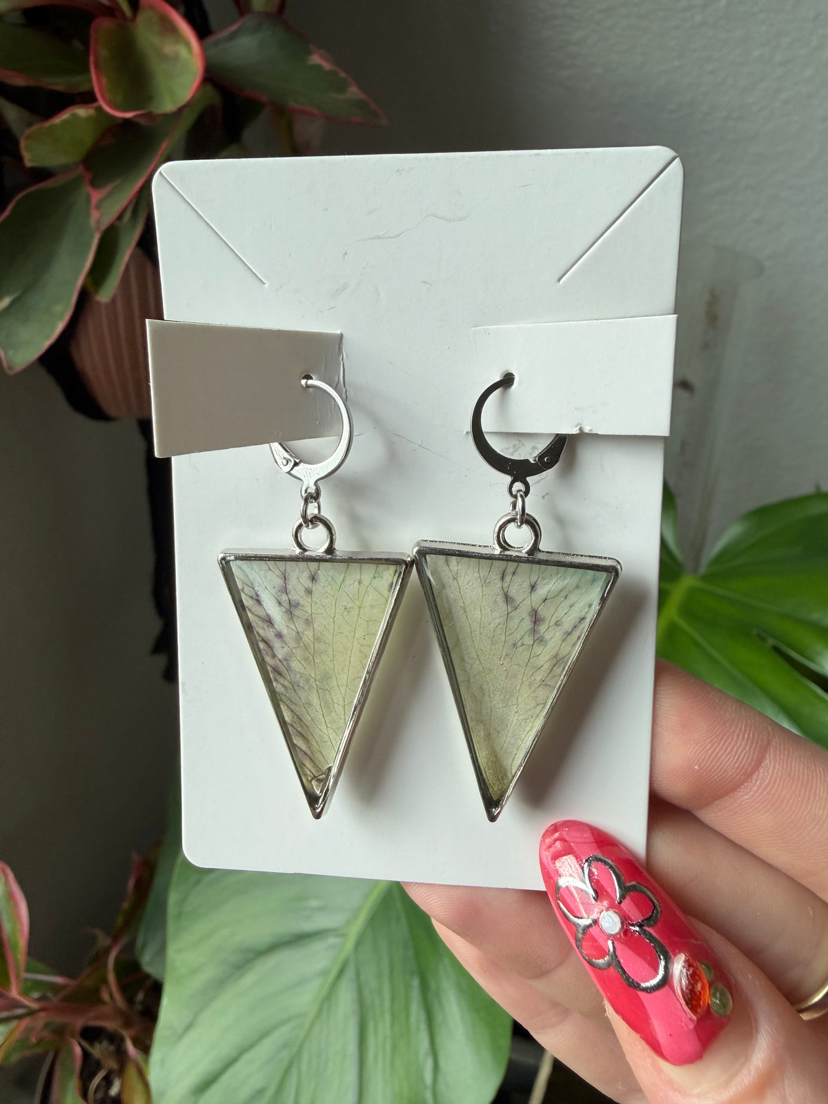 Lime Speckle Orchid Triangle Earrings in Silver