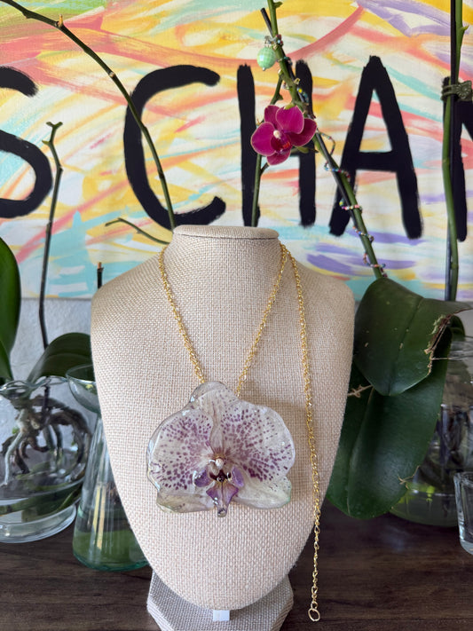 Speckled Orchid Bloom Necklace on Gold Chain