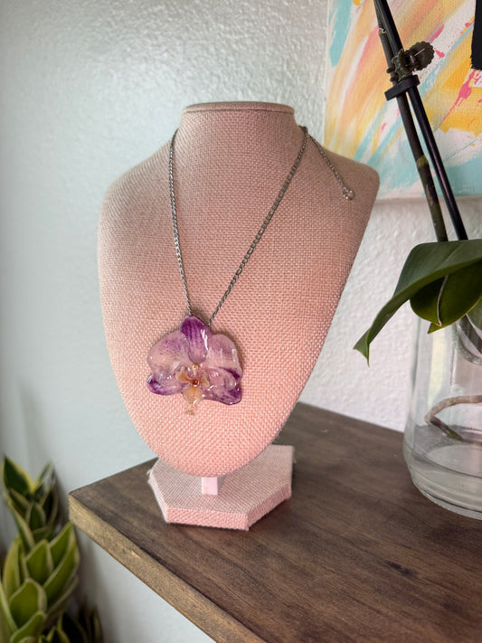 Spotted Purple Orchid Necklace on Silver Chain