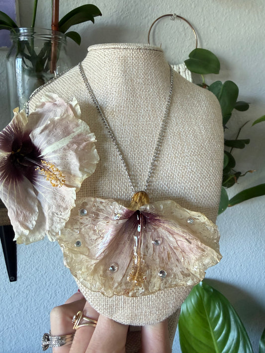 Real Hibiscus Bloom Statement Necklace with Crystal Bling