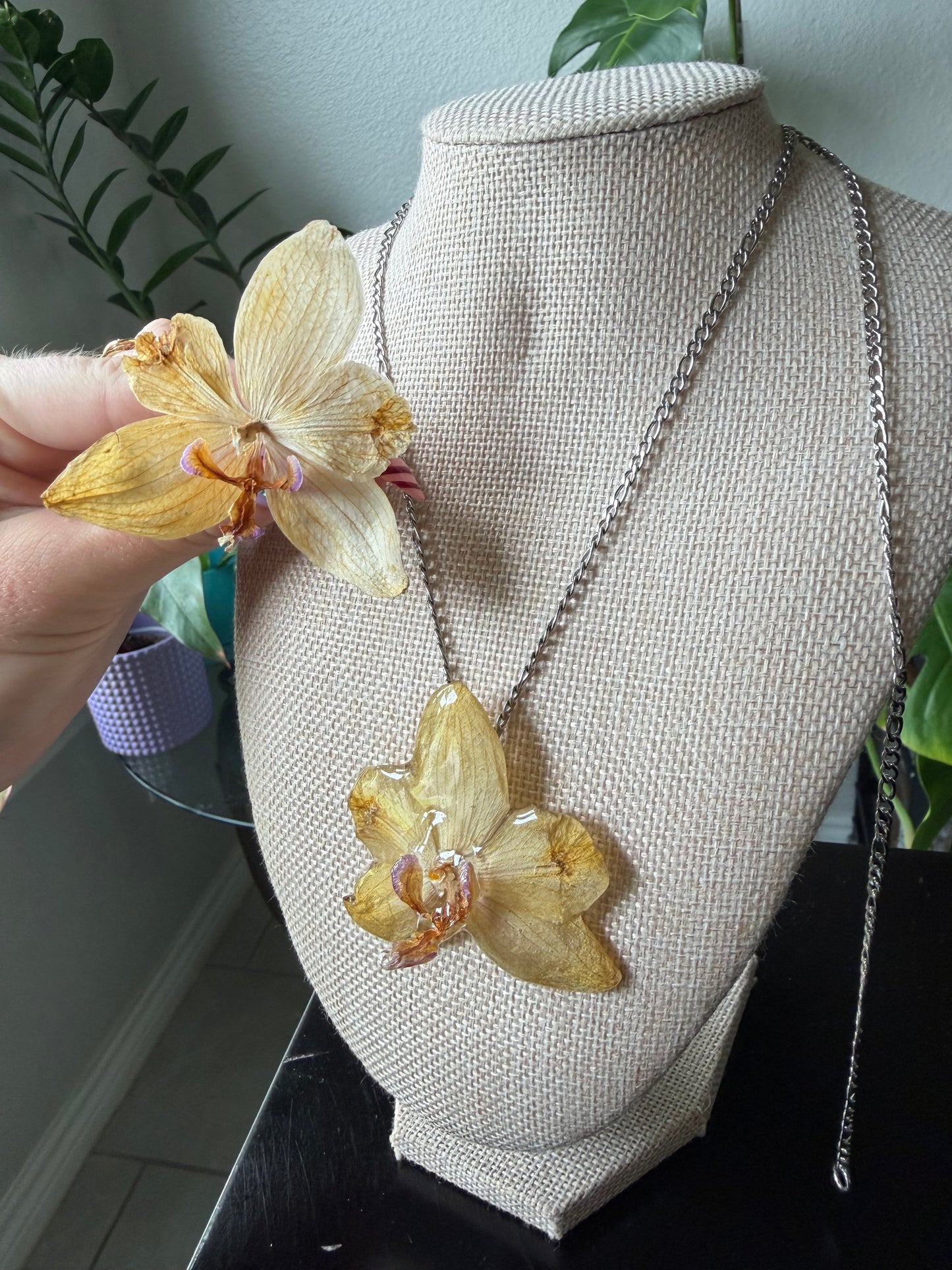 Champagne Yellow Orchid Necklace - Stainlees Steel Silver Chain