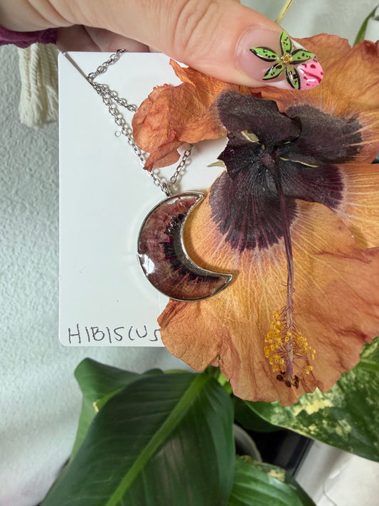 Hibiscus Crescent Moon Necklace in Silver