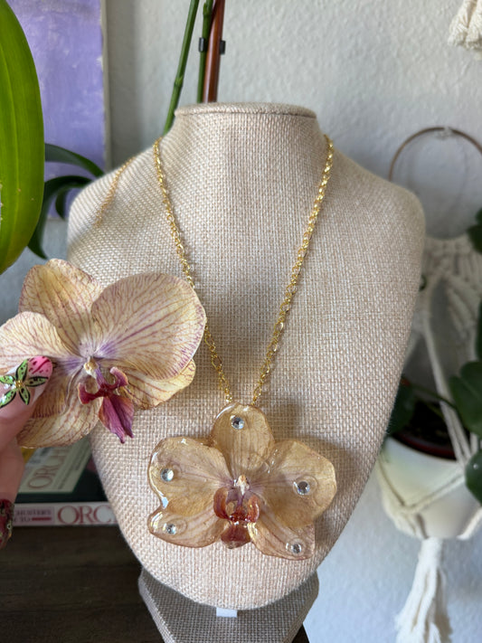 Real Orchid Bloom Statement Necklace with Crystal Bling
