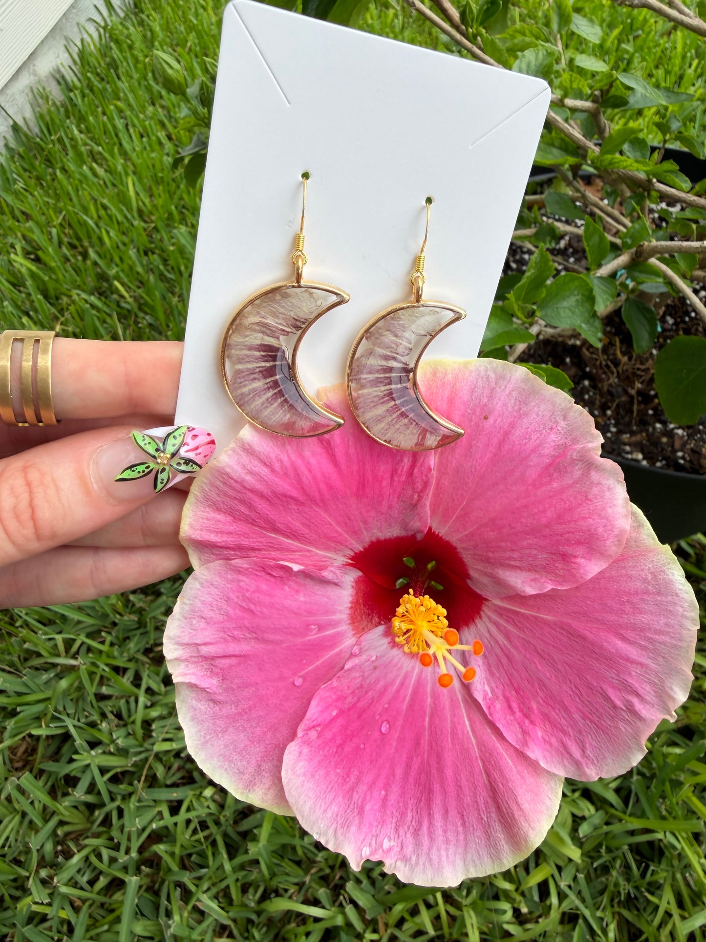 Hibiscus Crescent Moon Earrings in Gold