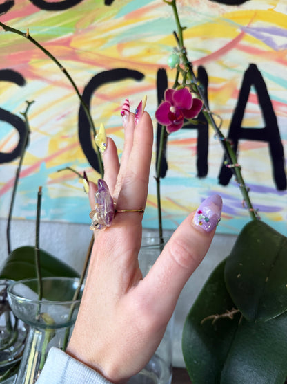 Purple Orchid Bloom on Gold Stainless Steel Adjustable Ring