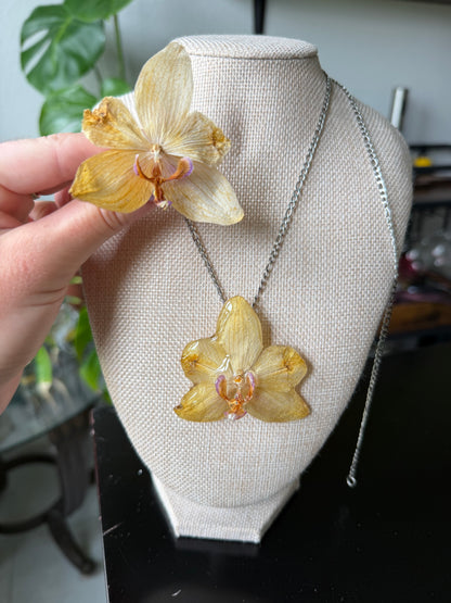 Champagne Yellow Orchid Necklace - Stainlees Steel Silver Chain