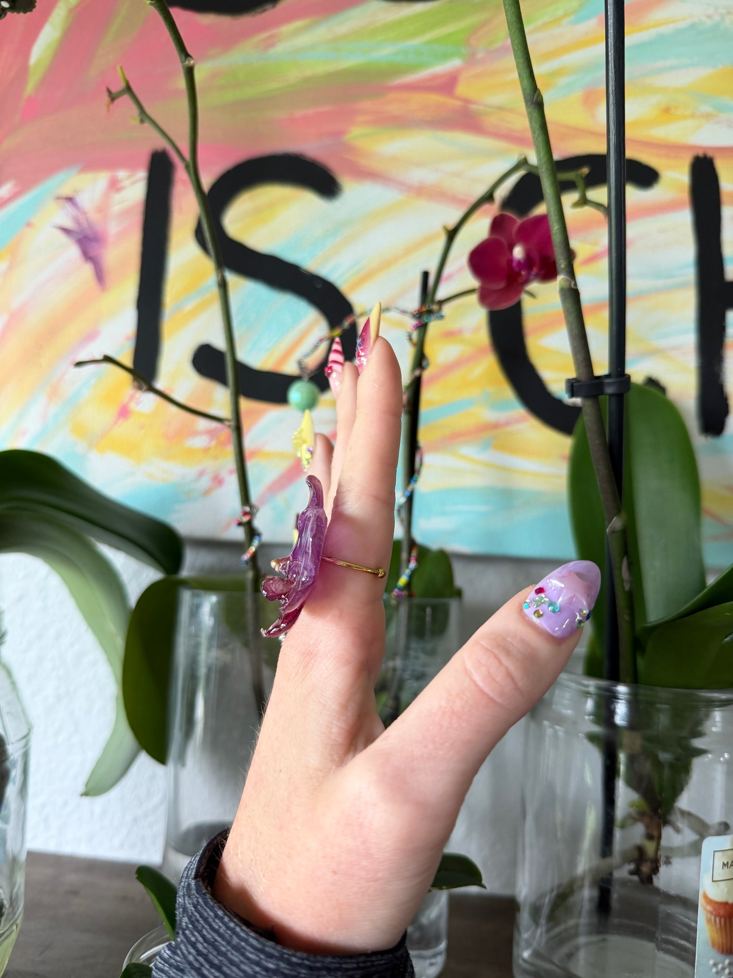 Purple Orchid Ring - Adjustable Stainless Steel in Gold
