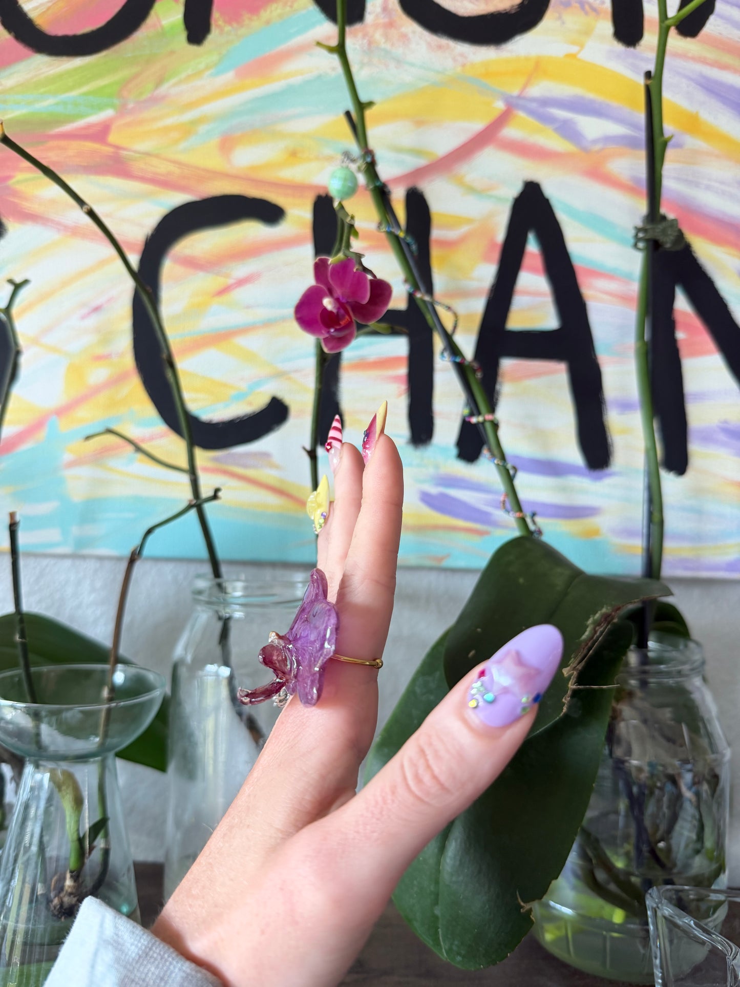 Purple Orchid Bloom on Gold Stainless Steel Adjustable Ring
