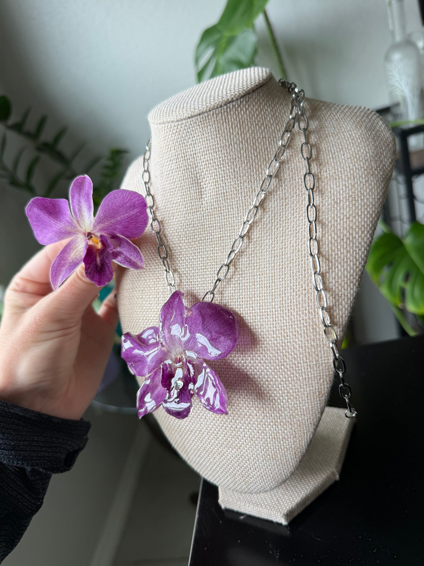 Purple Orchid Bling Necklace on 304 stainless steel chain