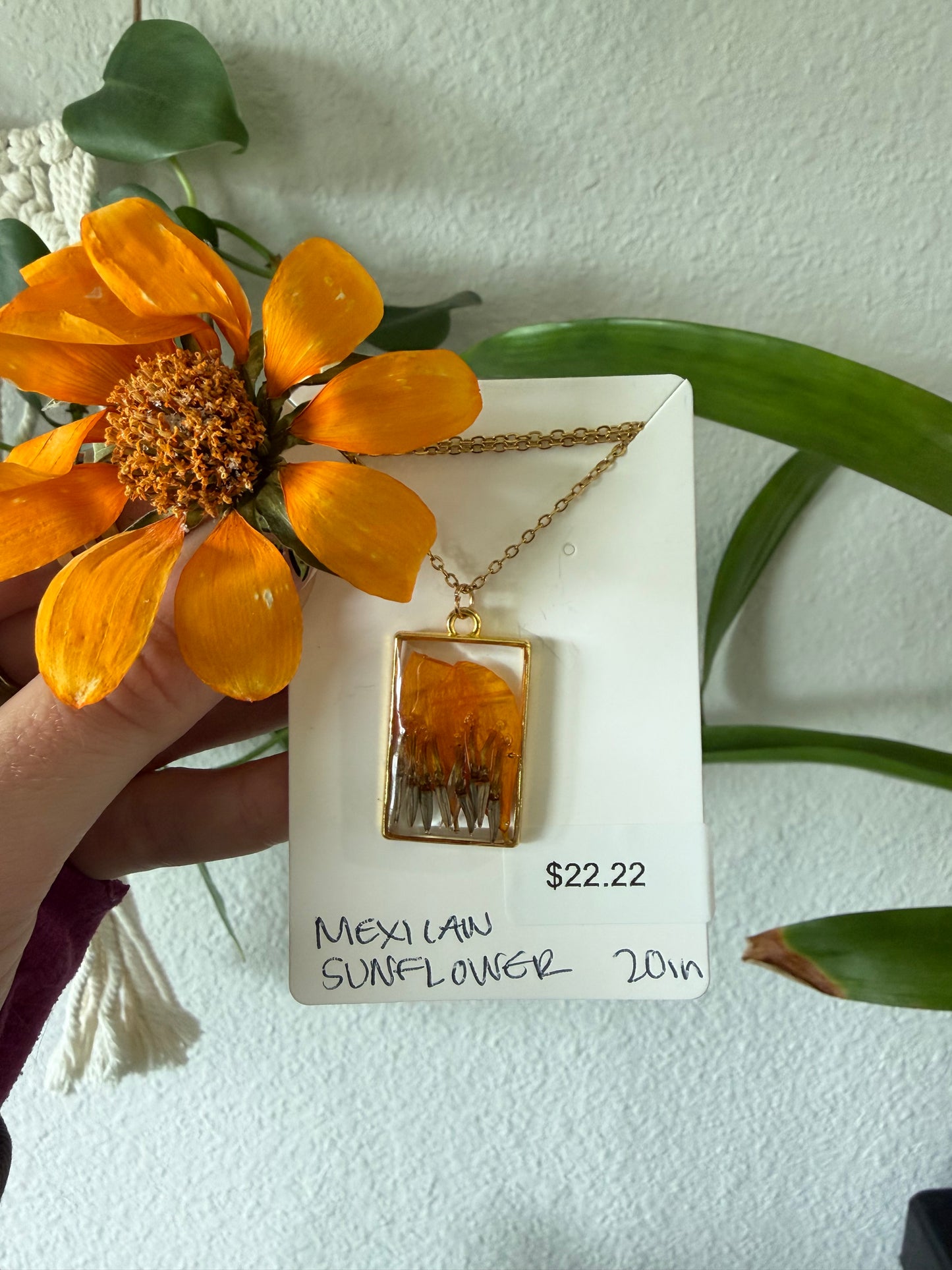 Mexican Sunflower Rectangle Necklace in Gold