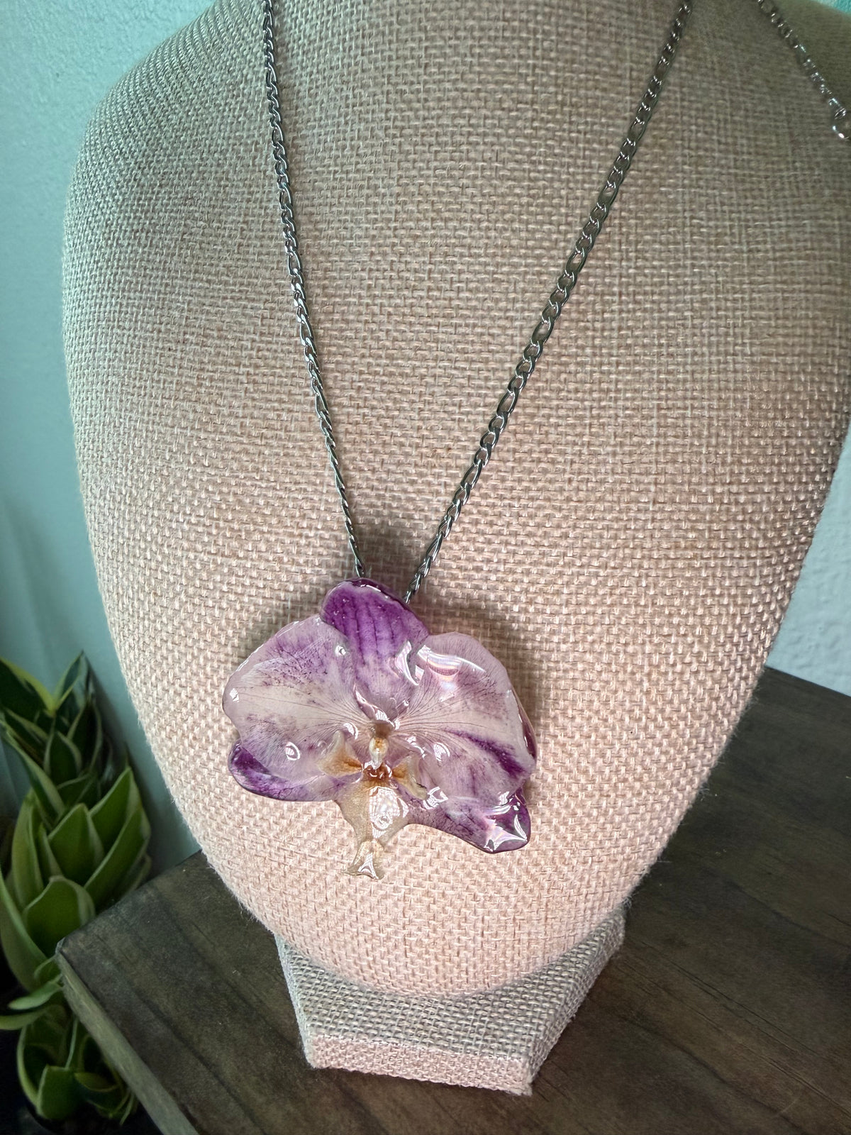 Spotted Purple Orchid Necklace on Silver Chain