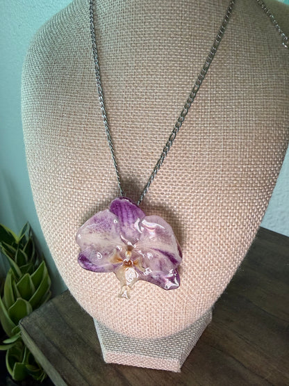 Spotted Purple Orchid Necklace on Silver Chain