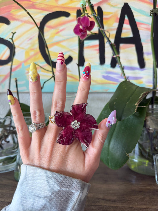 Burgundy Mandevilla Bloom on Silver Stainless Steel Adjustable Ring