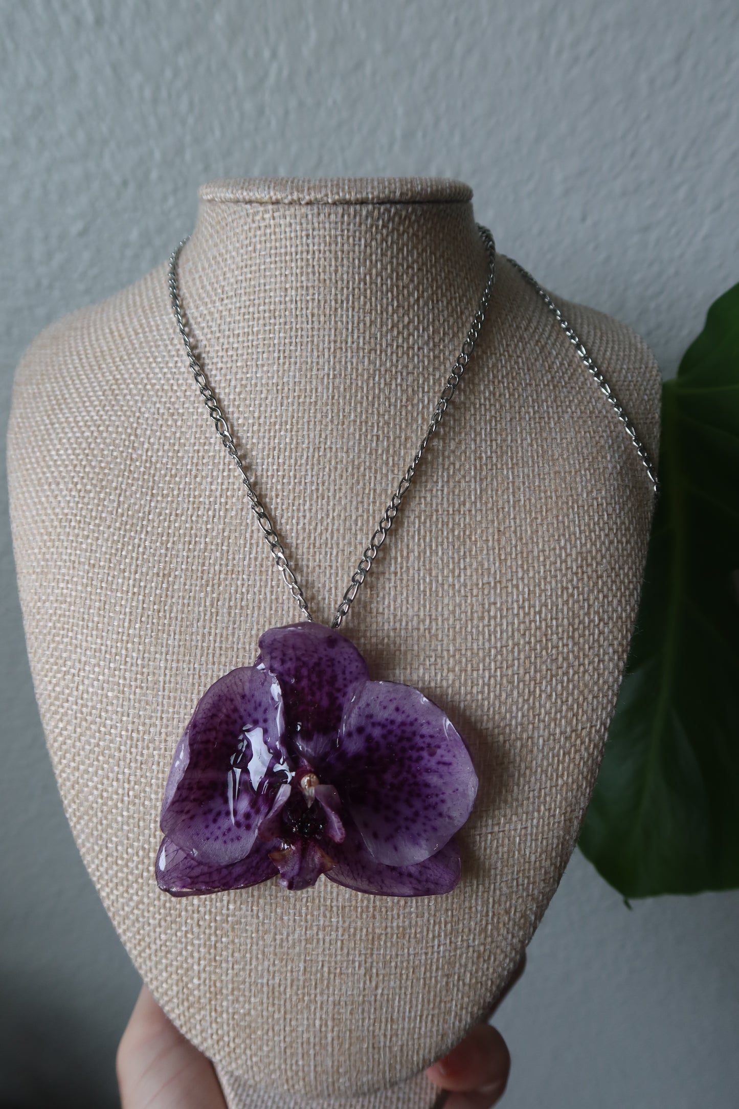 Spotted Purple Orchid Bloom Necklace on Silver Chain - Real Bloom Collection