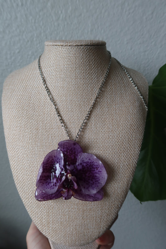 Spotted Purple Orchid Bloom Necklace on Silver Chain - Real Bloom Collection