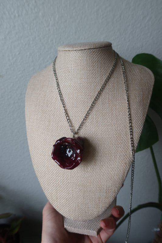 Dark Rose Necklace on Silver Chain - Real Bloom Collection