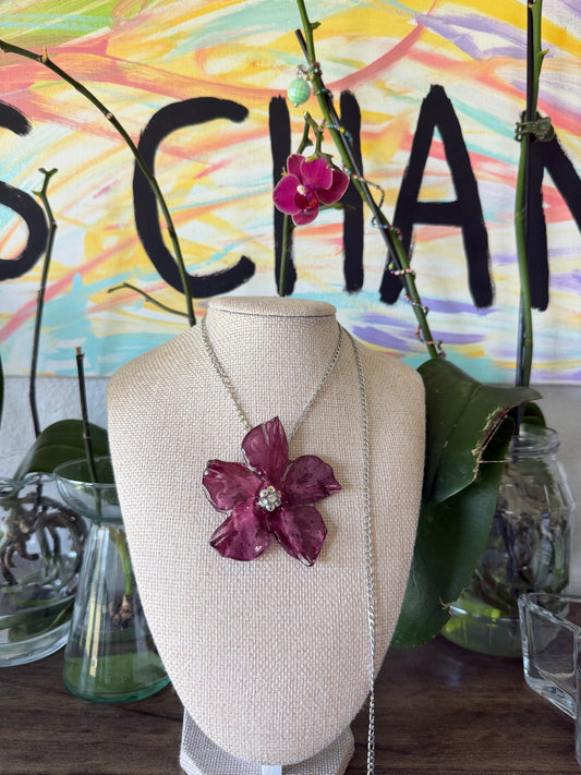 Burgundy Mandevilla Bloom Necklace on Silver Chain