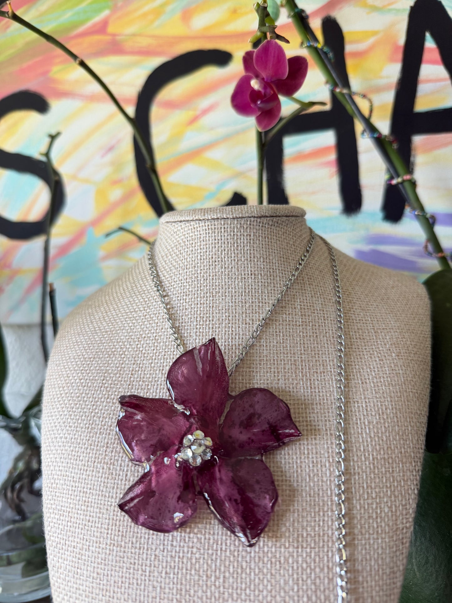 Burgundy Mandevilla Bloom Necklace on Silver Chain