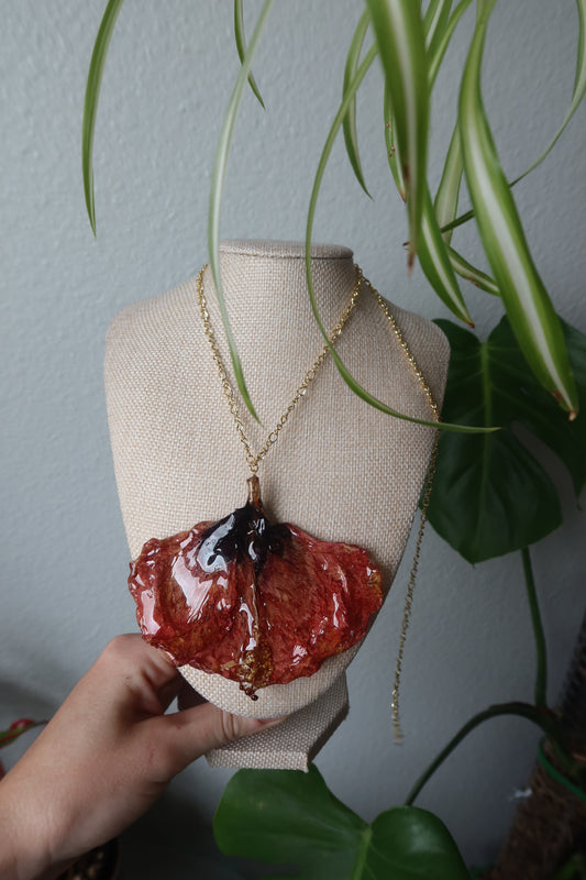 Orange Hibiscus Necklace on Gold Chain - Real Bloom Collection