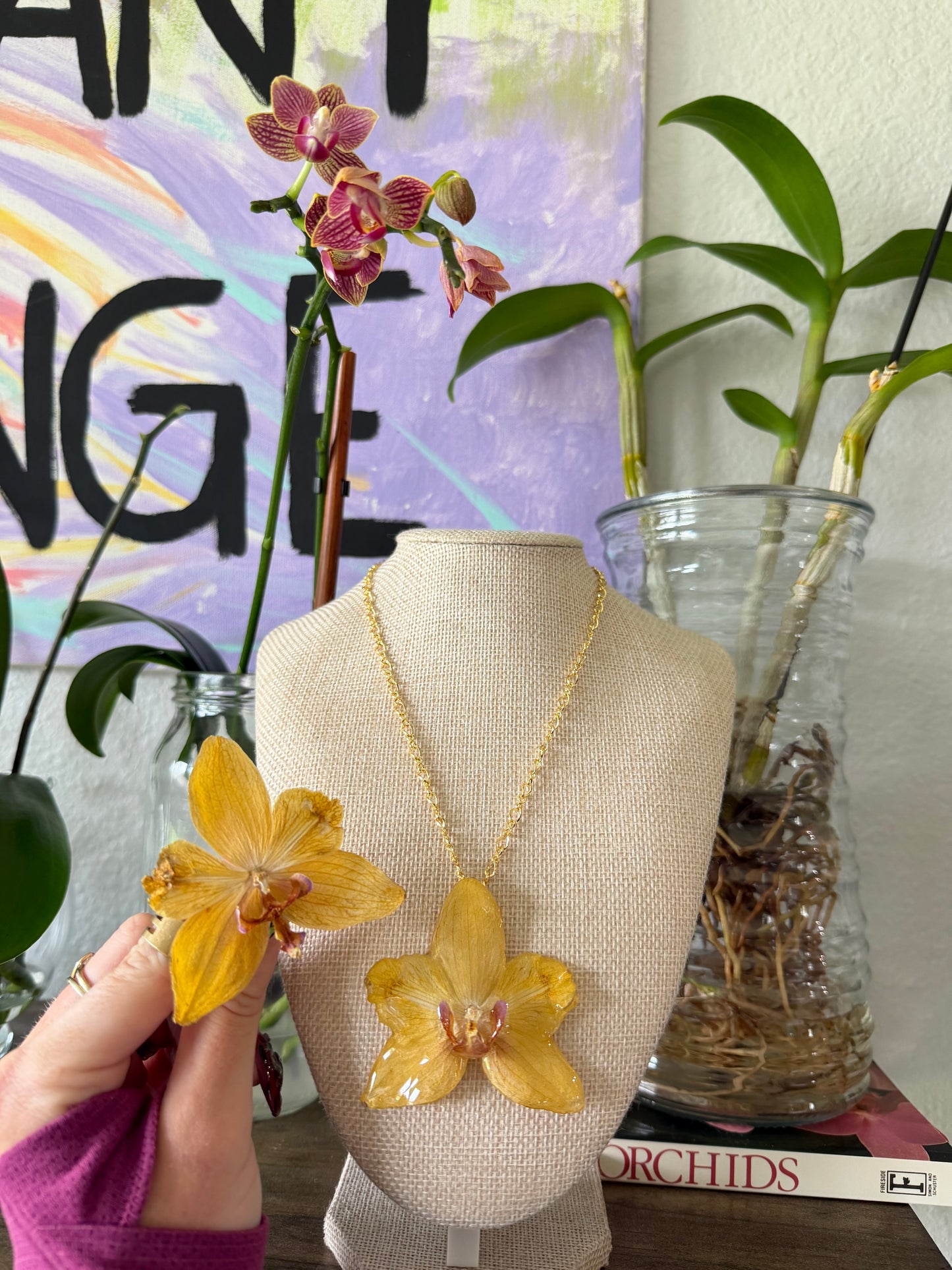 Yellow Orchid Necklace on Gold Chain